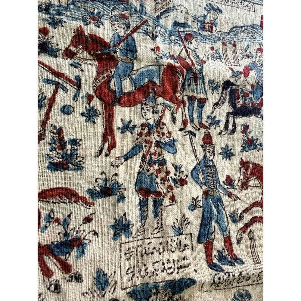 Antique Persian Fringed Cloth Tapestry Qajar Hunting & Polo Scene 24 X 24